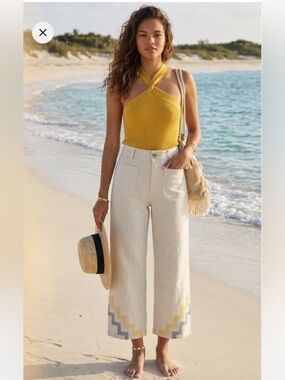 Anthropologie Hallee
Embroidered Wide-Leg 
 soft light khaki sandy cream Size 10